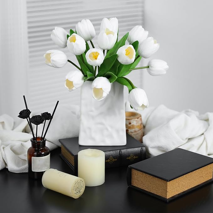 White Artificial Tulips, 2 Bundles 14Pcs, Fake Tulips Artificial Flowers, 2 x 2.4 Inch Large Flower Head Big Tulip, Easter Valentine's Day Mother's Day Home Decoration Flowers
