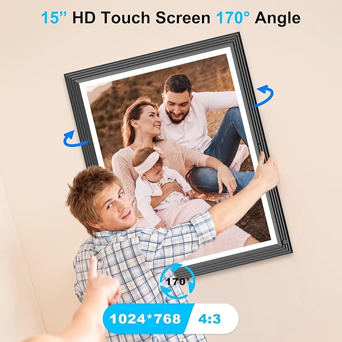 Large Digital-Photo-Frame Wi-Fi Picture Frame - 15" 32GB Smart Photo Frame with Remote Control (No Touch Screen), Full Function, Share Photo Video via App Email, Fee Cloud, Wall Mounted for Home Decor