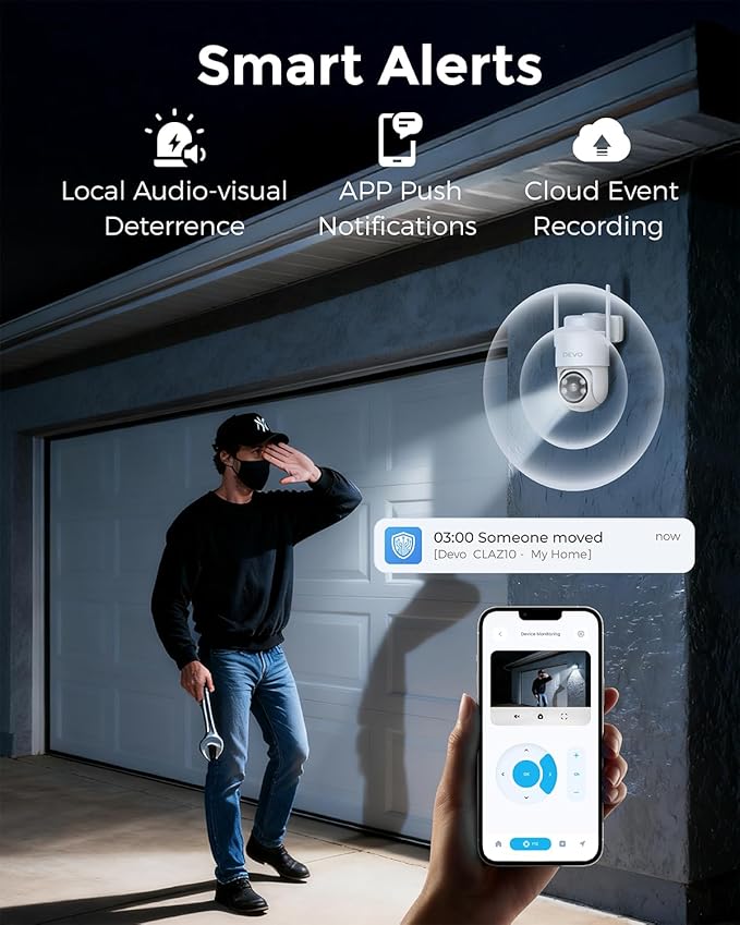 Devo Solar Security Camera Wireless Outdoor, 2.3K HD 360° PTZ Color Night Vision, AI/PIR Human Detection, 2-Way Audio, Solar & Battery Powered, WiFi 6, IP66 Waterproof, Triple Alert System