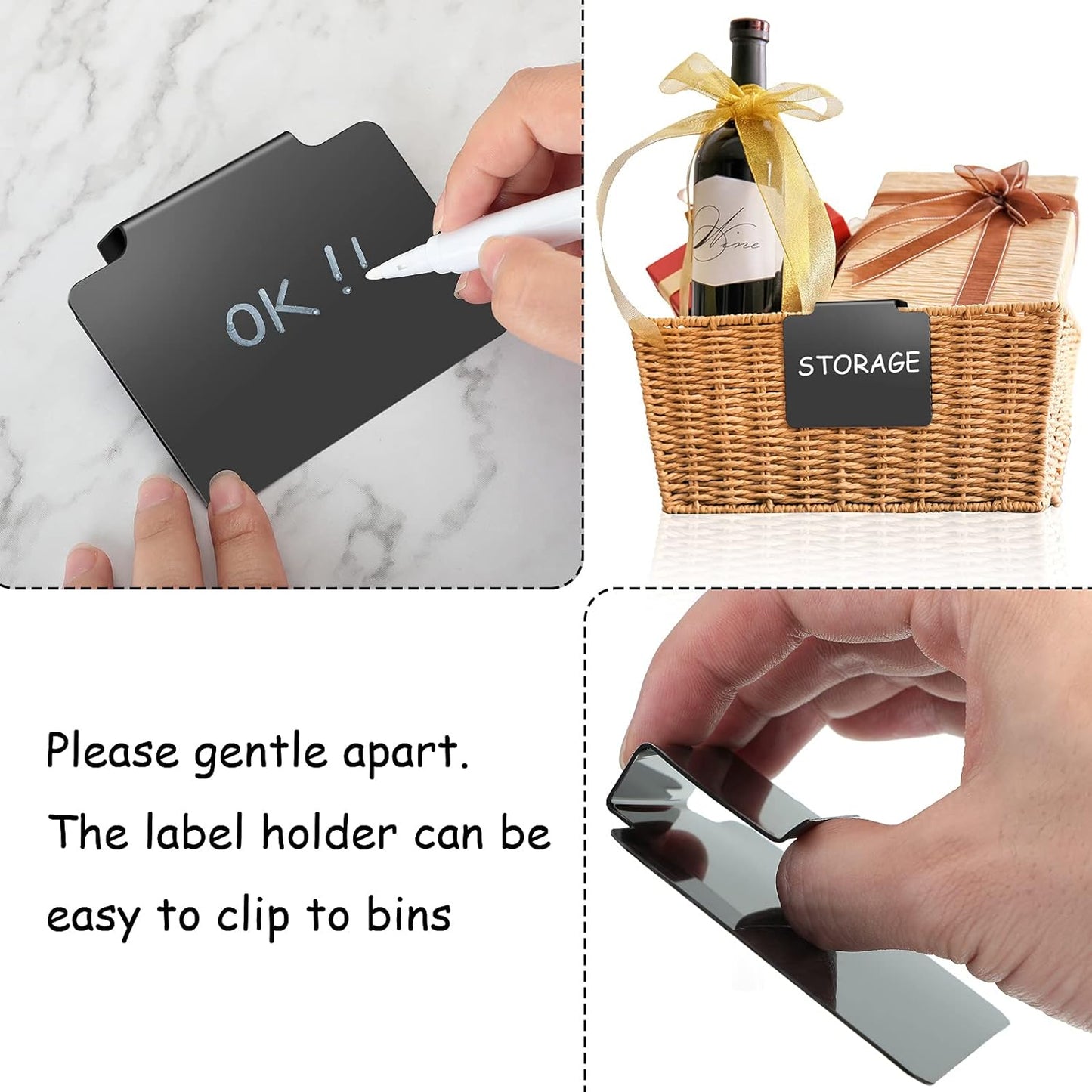 32 Pieces Basket Labels Clip Set, Include 30 Kitchen Clip Label Holder Removable PVC Bin with 2 Chalk Marker for Basket Pantry Organization Box (White and Black Label Clip, White and Black Pen)