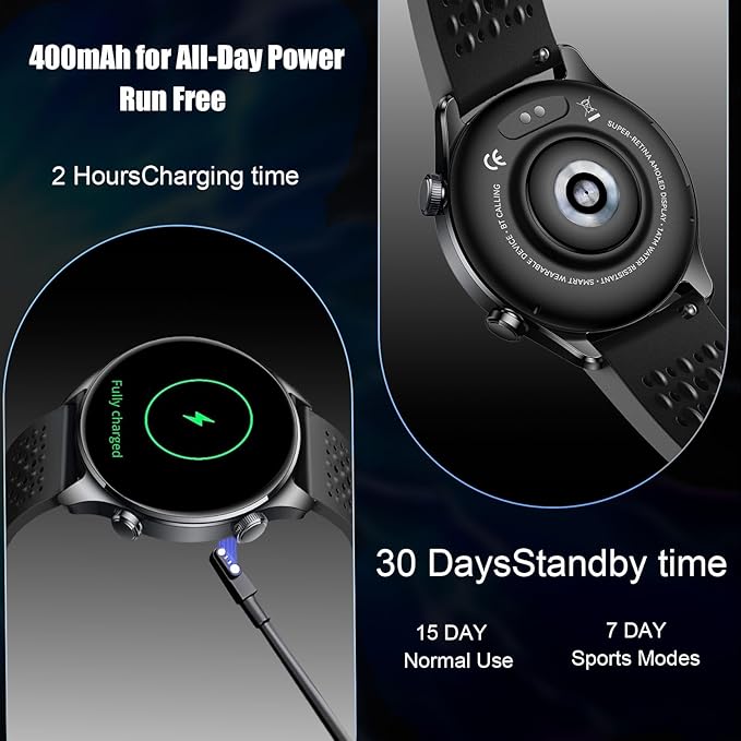 Smartwatch for Men & Women, 1.43" AMOLED Fitness Tracker GPS, Bluetooth Call, Heart Rate, Blood Oxygen (SpO2), Sleep Monitor, 100+ Sports Modes, iPhone & Android - Black