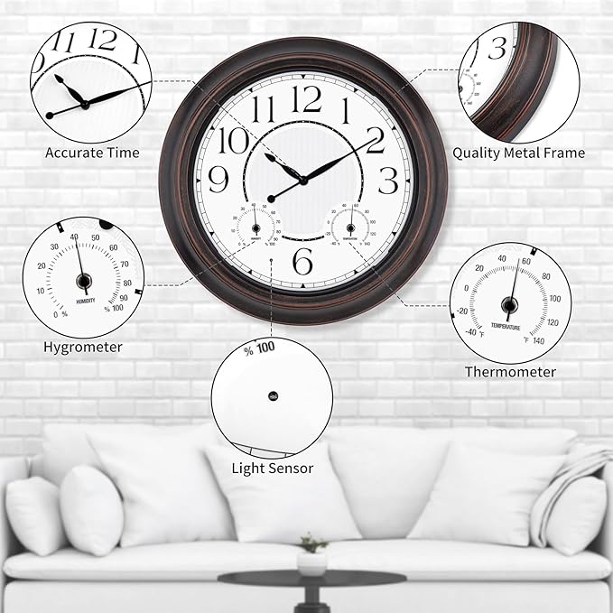Outdoor Clocks Waterproof 18 Inch, Large Wall Clock with Thermometer & Hygrometer, Illuminated Battery Operated Clock with Smart Sensor for Patio, Pool, Garden, Porch, Living Room