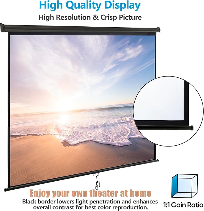 Smartxchoices 120" HD Manual Projector Screen 1:1 Format with Auto Lock Anti-Crease Home Theater Office Wall Mounted Ceiling Pull Down Projection 1.1 Gain Matte Black,View Size: 84 x 84 inches