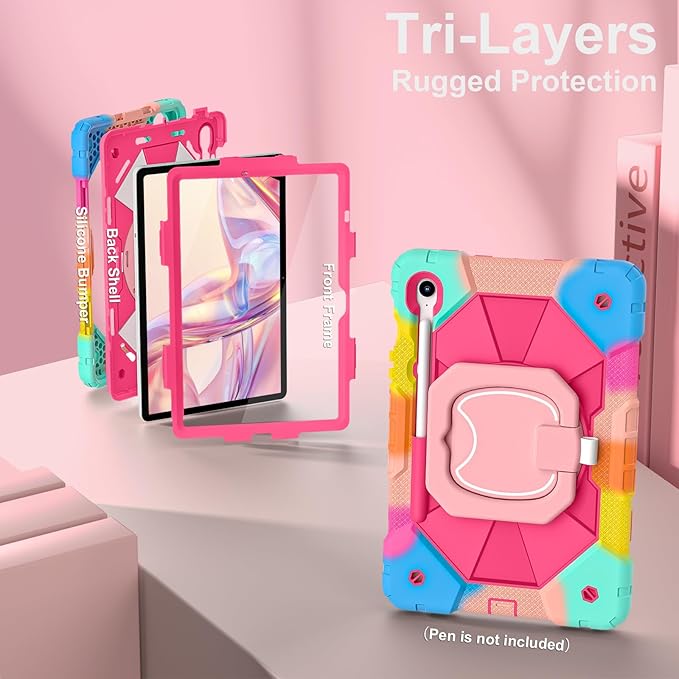 Case for Samsung Galaxy Tab S10 Lite/S10 FE/S9 FE 10.9 Inch, Samsung Tab S9 11 Inch, Rugged Galaxy S10 Tablet Cover with Pen Holder 360 Rotating Stand Shoulder Strap Screen Protector, Rainbow