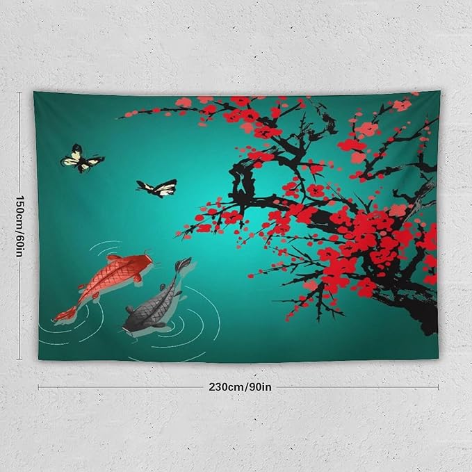 Houselerax Japanese Koi Fish Tapestry, Cherry Blossoms Asian Oriental Green Teal Floral Branch Koi Fish Carp Tapestries Wall Hanging for Bedroom Living Room Office Decor 90"x60"