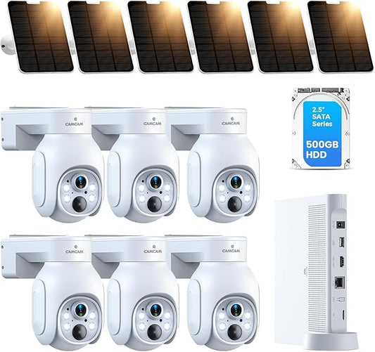 CAMCAMP Wireless Security Camera System, Solar Powered PTZ 6 Cam-kit Camera Security System, 500GB HDD, 4MP NVR,Easy Installation, Color Night Vision, 2 Way Audio, 2.4G & 5G WiFi for Home Outdoor