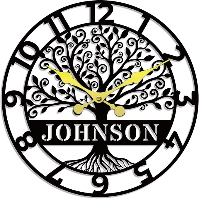 Personalized Metal Wall Clock with Tree of Life Design, Custom Family Name Clock, Decorative Steel Wall Art, Housewarming Gift, Living Room Bedroom Kitchen Home Decor