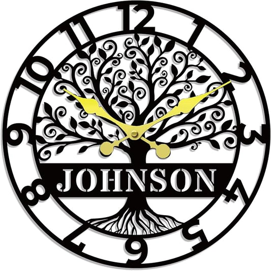 Personalized Metal Wall Clock with Tree of Life Design, Custom Family Name Clock, Decorative Steel Wall Art, Housewarming Gift, Living Room Bedroom Kitchen Home Decor