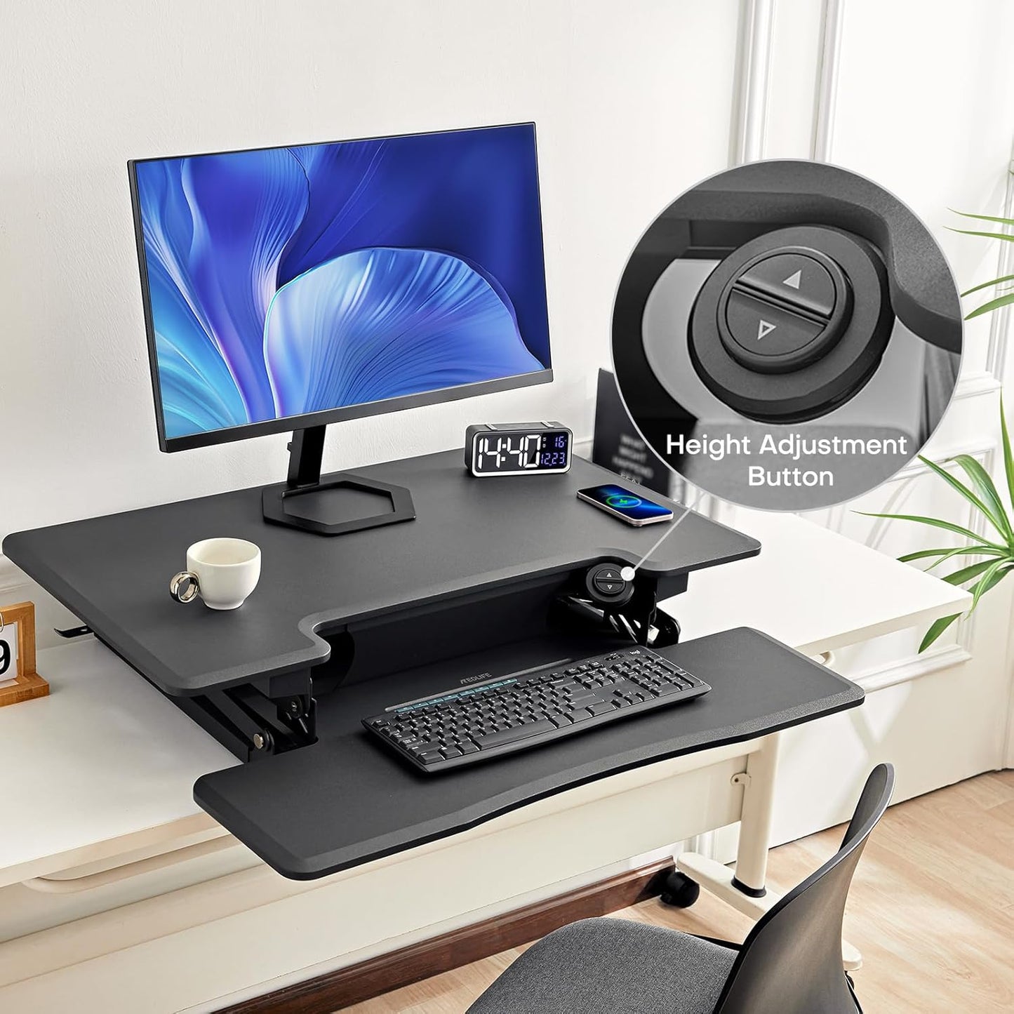 Redlife 46 inch Electric Standing Desk Converter, Height Adjustable Sit to Stand Desk Riser Extra Large Dual Monitor and Laptop Workstation with Keyboard Tray & Wireless Charging Station, Grey