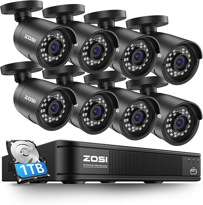 ZOSI 3K Lite Home Surveillance Security Camera System with AI Human Vehicle Detection, 8CH H.265+ CCTV DVR and 8 x 2MP 1920TVL Wired Weatherproof Bullet Cameras Outdoor, 100ft Night Vision (1TB HDD)
