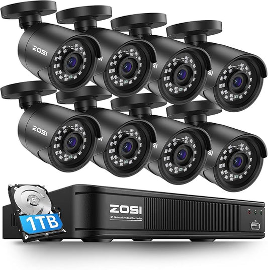 ZOSI 3K Lite Home Surveillance Security Camera System with AI Human Vehicle Detection, 8CH H.265+ CCTV DVR and 8 x 2MP 1920TVL Wired Weatherproof Bullet Cameras Outdoor, 100ft Night Vision (1TB HDD)