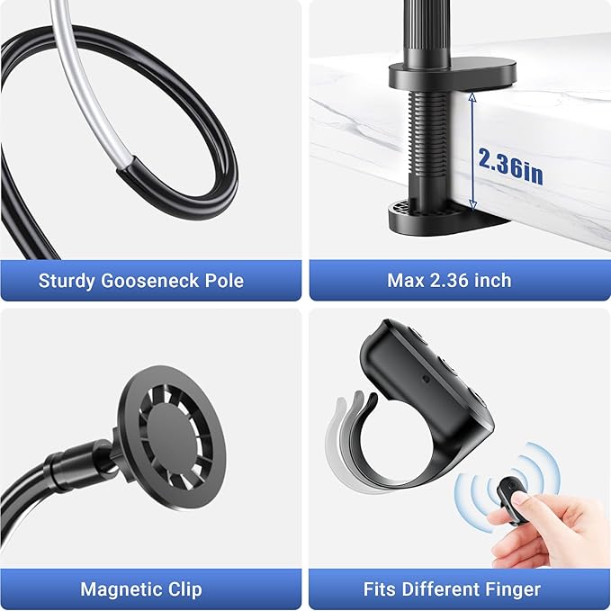 Magnetic Phone Holder for Bed Laying Down with Remote Page Turner, Bedside Gooseneck Phone Stand with Clicker for Reading, Flexible Mount with Wireless Scrolling Ring for iPhone/Tiktok/Short Video