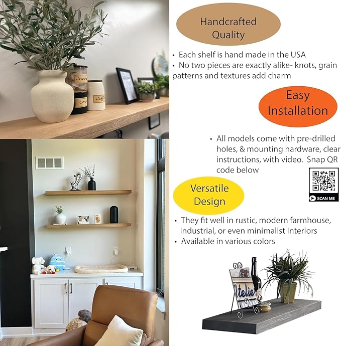 joelsantiques 36 Inch Wooden Floating Shelves for Wall - 36x6x2 in - Made of Natural Wood - Long Heavy Duty Rustic Wall Shelves for Bedroom - Perfect for Living Room, Kitchen - Grey - Gray