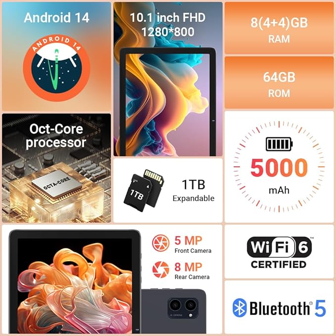 Tablet 10.1 inch, Android 14 Tablets with Octa-core Processor, 8GB + 64GB Storage Up to 1TB Expandable, HD IPS Screen, Long Battery Life, WiFi6, Fast & Portable Tablet for Work & Entertainment