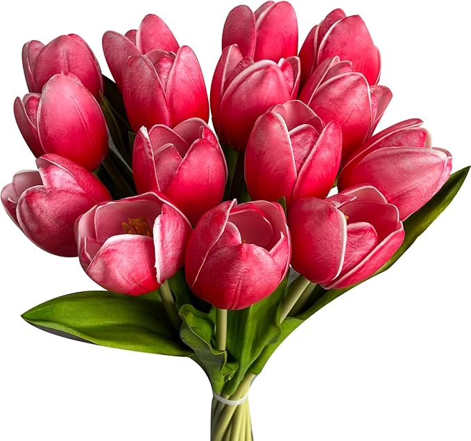 Buart Artificial Tulip in Bulk for Home Kitchen Wedding Bridal Bouquet,Fake Flowers for Mother's Day Easter Table Centerpieces Decorations(Large Size,Hot Pink,Real-Touch,12pcs)