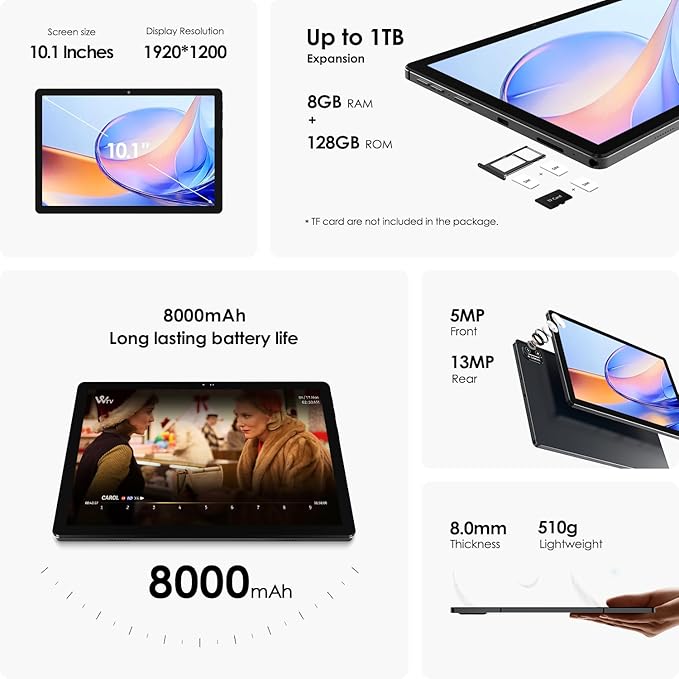 kinstone 10.1" 4G LTE Android Tablet with 8GB RAM & 128GB Storage (1TB Expandable) - Octa-Core Chip, 8000mAh Battery, Dual SIM Slots, Metal Body - Best Amazon Tablet for Work & Play