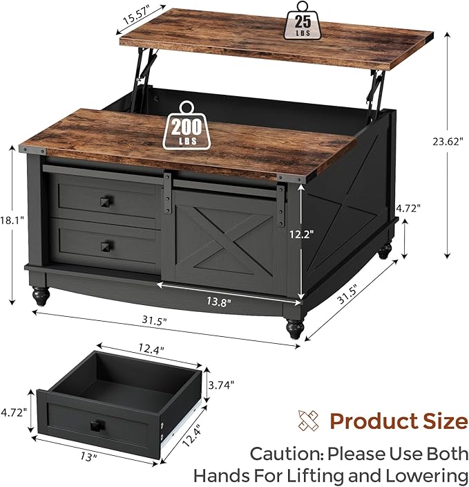 31.5" Lift Top Coffee Table with Storage, Farmhouse Coffee Tables for Living Room, Square Coffee Table with Large Hidden Storage Compartment, 2 Drawers & Removable Shelves, Black