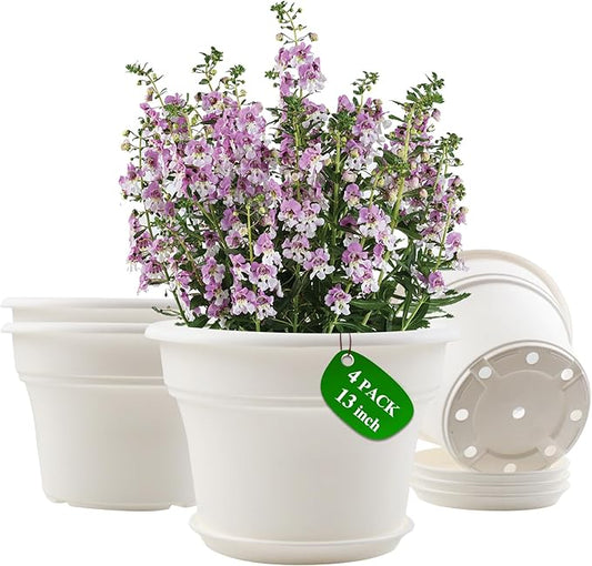 13 Inch Plastic-Flower-Pot-for-Indoor-Plants, 4 Pack Large Outdoor Planter Pot with Drainage Holes & Saucers, Resin Decorative Garden Pots Planters