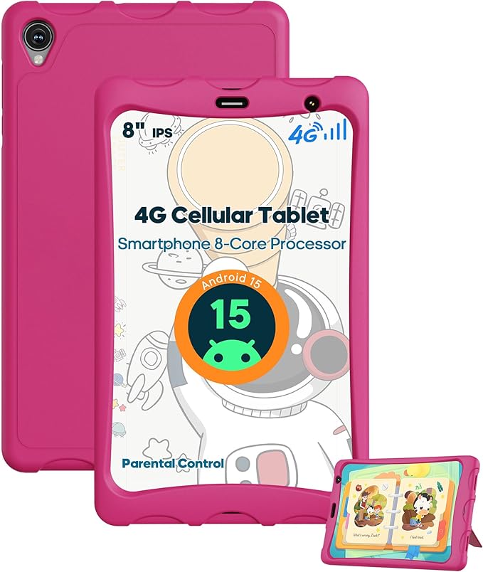 8-Inch 4G LTE Android Tablet with Kids-Proof Case – Unlocked Tablet with SIM Slot, 12GB RAM + 64GB Storage (Expandable to 2TB), MediaTek Octa-Core, IPS Display, Dual-Band Wi-Fi, 5100mAh Battery, Pink