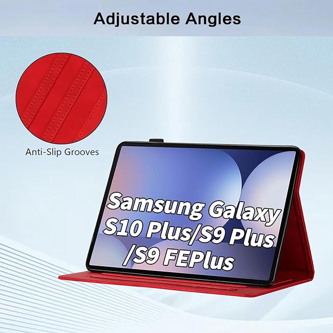 Case for Samsung Galaxy Tab S10 Plus 2024/ S9 FE Plus 5G 12.4 Inch 2023, Multi-Angle Viewing Smart Stand with Pocket Auto Wake/Sleep PU Leather Tablet Cases Flip Folio Cover Red