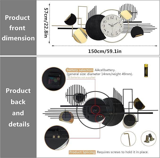 Large Modern Wall Clock,Metal Black White Wall Clock Silent Non-Ticking, Battery Operated,57x 23 Inches Wall Art,Oversized Decorative Metal Clock for Living Room,Dinner Room,Bedroom