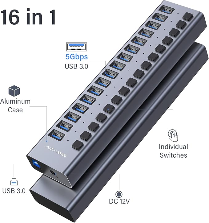 Powered USB 3.0 Hub, ACASIS 16 Ports USB 3.0 Hub with 5Gbps Data Speed，Aluminum Housing, USB Hub Powered with 90W Power Adapter, USB Hub for PC/Laptop, Computer, Flash Drive, Printer, Camera