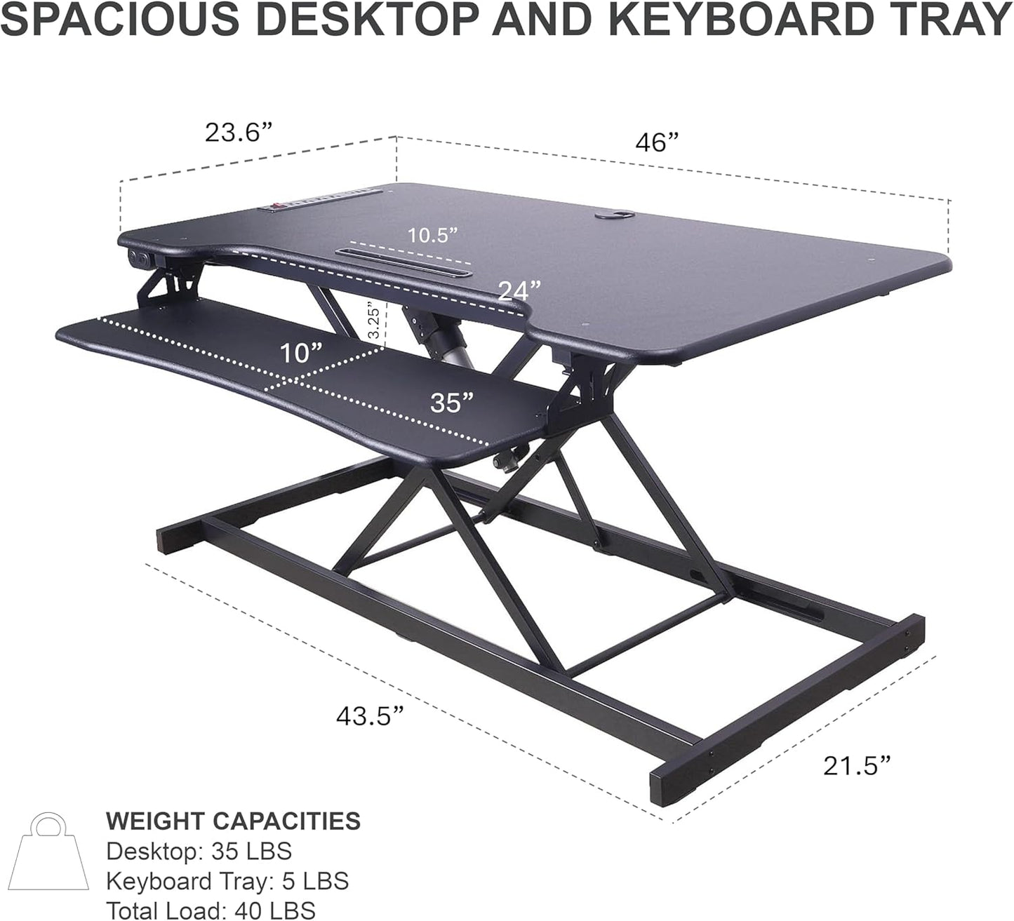 Rocelco 46" Electric Standing Desk Converter with AC Outlet USB Charger and Dual Monitor Arm Mount - Motorized Adjustable Sit Stand Riser - Tabletop Workstation Keyboard Tray - Black (R EDRB-46-DM2)