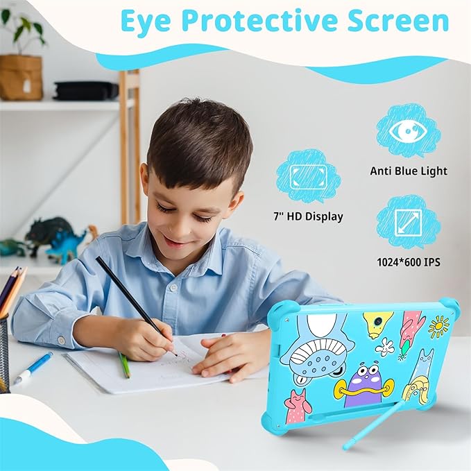 Kids Tablet 7 inch Tablets for Kids, 32GB Android Toddler Tablet with Case Included, WiFi, Bluetooth, IPS Screen, Parental Control, GMS Educational Children's Learning Tablets for Boys Girls (Blue)