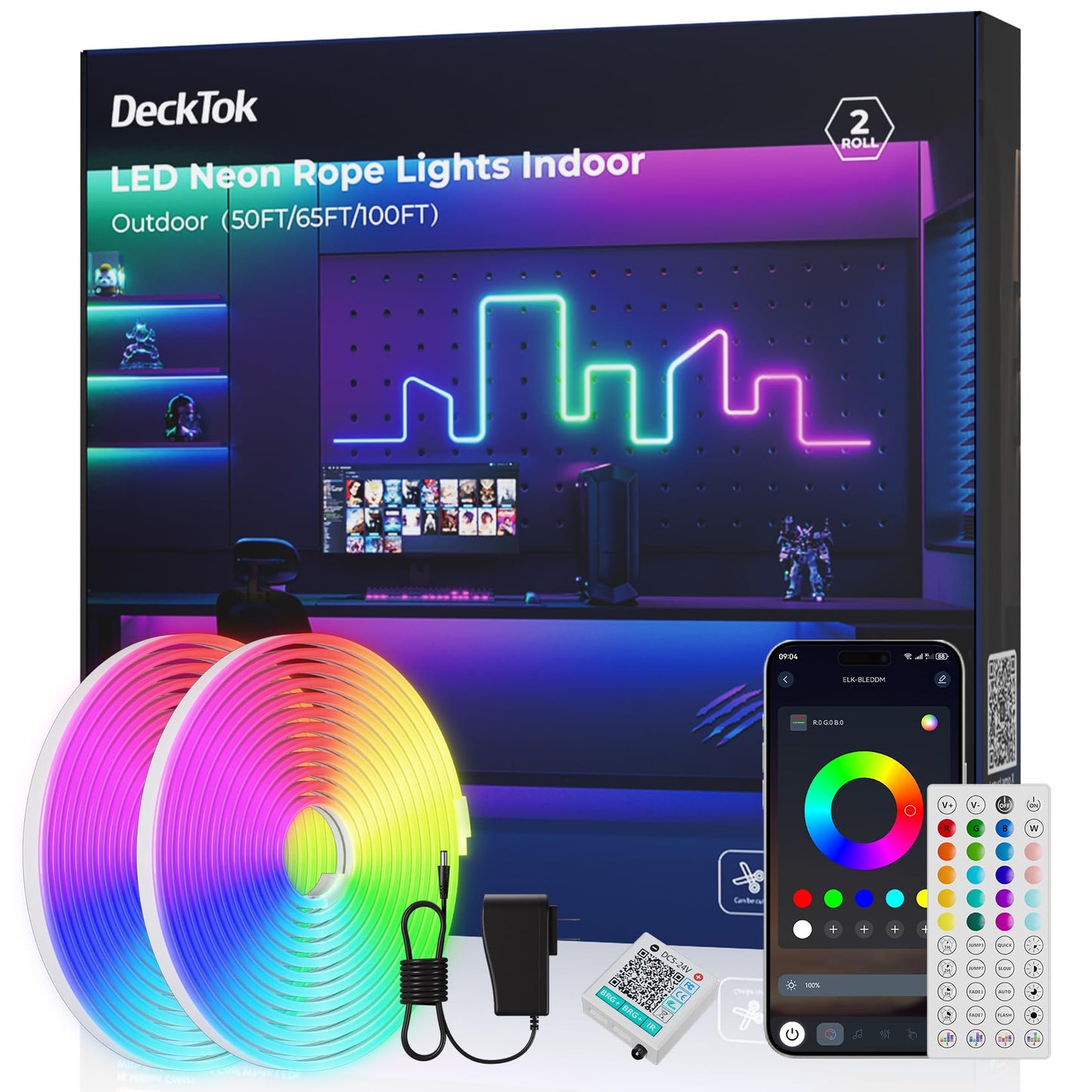 DeckTok Neon Rope Lights - 65FT RGB LED Strip, Waterproof, Music Sync, App/Remote Control, White, Model 3535RGB-60D-65FT
