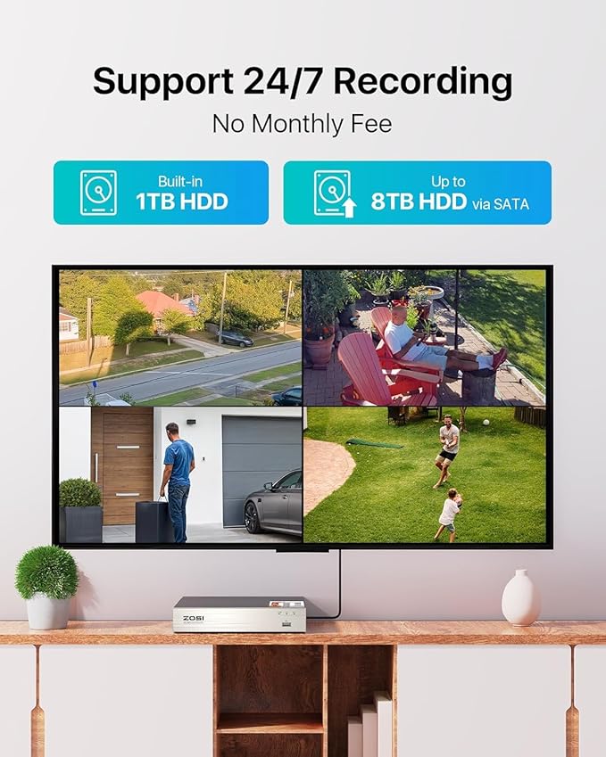 ZOSI 8CH 3K Lite Home Security Camera System Outdoor,AI Human/Vehicle Detection,Night Vision,4pcs 1080P Metal Weatherproof Cameras with 1-Way Audio,H.265+ 8Channel DVR with 1TB HDD for 24/7 Recording