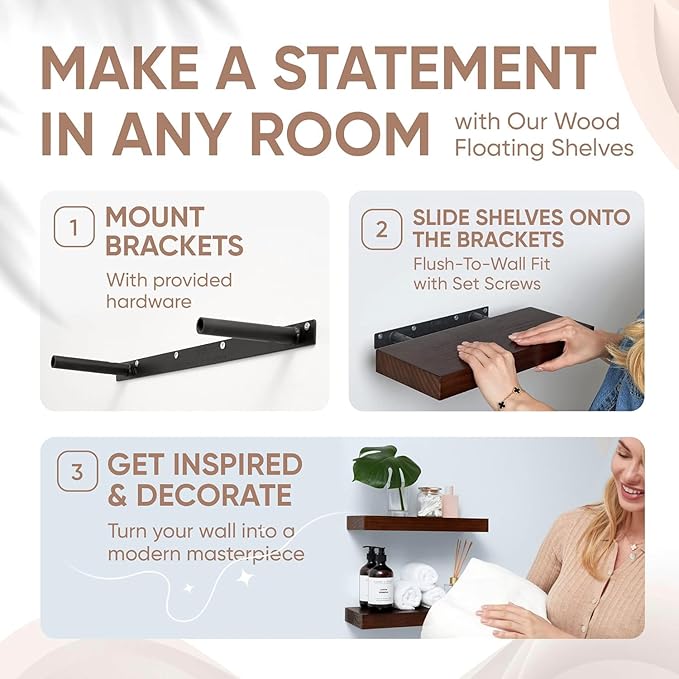 Homeforia Walnut Floating Bathroom Shelves, High End Solid Real Wood 16 inch Small Floating Shelf for Wall Mounted, Dark Brown 16inch Floating Shelves, Heavy Duty Bracket, 16 X 6.5 X 1.75 in, Set of 2