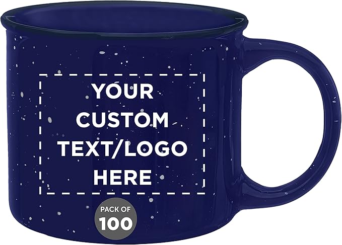 DISCOUNT PROMOS Custom Ceramic Campfire Coffee Mugs 13 oz. Set of 100, Personalized Bulk Pack - Perfect for Tea, Espresso, Cappuccino, Hot Cocoa - Blue