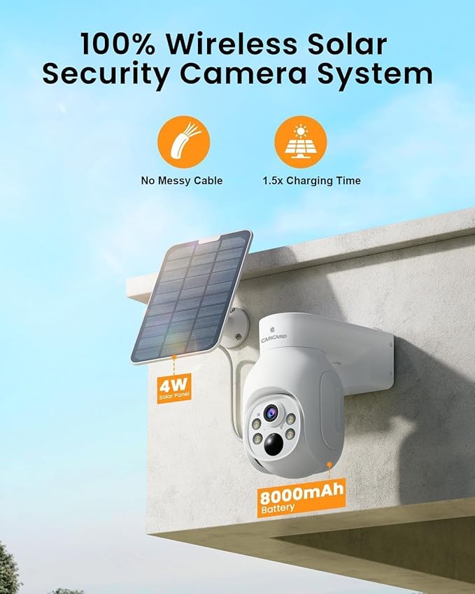 CAMCAMP Wireless Security Camera System, Solar Powered PTZ 6 Cam-kit Camera Security System, 500GB HDD, 4MP NVR,Easy Installation, Color Night Vision, 2 Way Audio, 2.4G & 5G WiFi for Home Outdoor