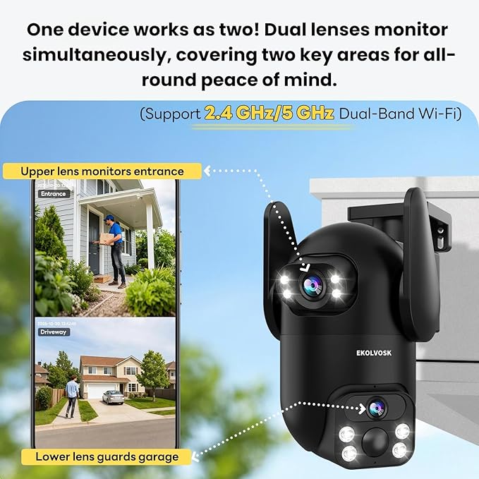 Solar Security Cameras Wireless Outdoor, Dual Lens 2K 360° View Cameras for Home Security, 2.4/5 GHz Wi-Fi, 2-Way Audio, Night Vision, Motion Detection, SD/Cloud Storage, IP65 Outdoor Camera