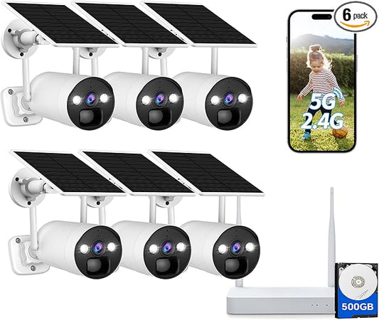 CAMCAMP Solar Security Cameras Wireless Outdoor, Home Security Camera System, 4MP Solar-Powered 6 Cam-Kit, 10CH NVR w/ 500GB HDD, 2.4G& 5G WiFi, Color Night Vision, Motion Detection, 2-Way Audio, IP66