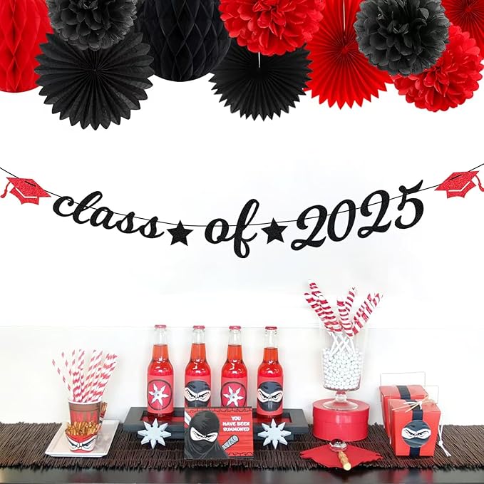 Red Black Party-Decoration Graduation Banner - 14pcs Kits Cap Garland Streamers, Paper Tissue Pom Poms Flowers Fans Honeycomb,Class Of 2025 College High School Grad Decor Hugfond