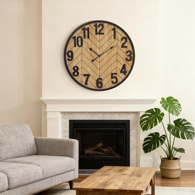 30 Inch Large Wall Clock, Oversized Wooden Farmhouse Wall Clock with Black Metal Frame, Battery Operated Non-Ticking Silent Wall Clocks for Living Room, Kitchen, Bedroom Decor (Brown)