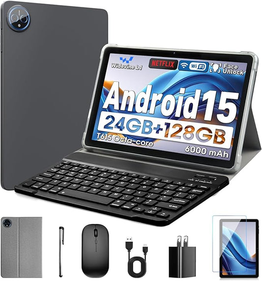 10 Inch Tablet, Android 15 with 24GB RAM + 128GB ROM (1TB Expandable), Octa-Core, 1280x800 IPS HD Touchscreen, 5MP+8MP Dual Camera, 6000mAh, Tablet with Keyboard, Mouse, Widevine L1(Gray)