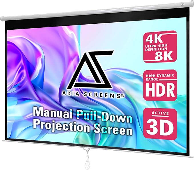 Akia Screens 100 inch Projector Screen Pull Down Manual B 16:10 8K 4K HD 3D Ceiling Wall Mount White Portable Projection Screen Retractable Auto Locking for Indoor Movie Home Theater Office AK-M100X1
