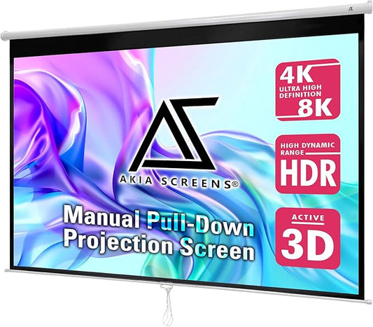 Akia Screens 100 inch Projector Screen Pull Down Manual B 16:10 8K 4K HD 3D Ceiling Wall Mount White Portable Projection Screen Retractable Auto Locking for Indoor Movie Home Theater Office AK-M100X1