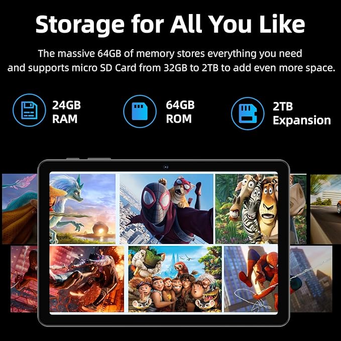 Tablet 10 inch, Android 16 Tablet, Octa-Core Processor, 24GB RAM 64GB ROM 2TB Expand, 1280x800 HD Touchscreen, GPS, WiFi 5, Dual Camera, BT5.0, 6000mAh, Widevine L1