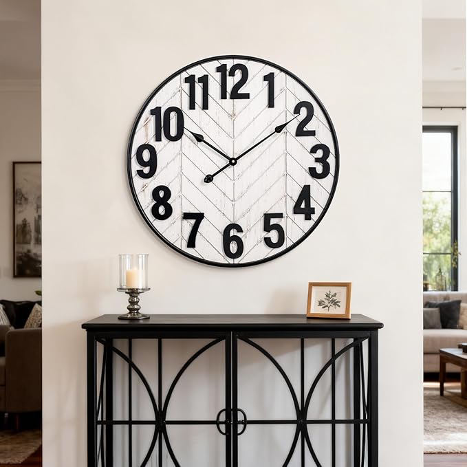 30 Inch Large Wall Clock, Oversized Wood Farmhouse Wall Clock with Metal Frame, Battery Operated Non-Ticking Silent Wall Clocks for Living Room, Kitchen, Bedroom Decor (Whitewashed)
