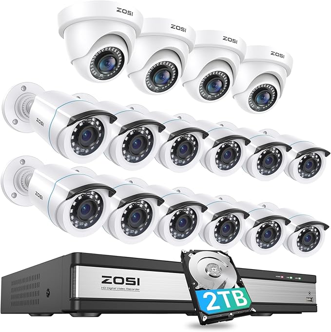 ZOSI H.265+ 1080p 16 Channel Security Camera System with AI Human Vehicle Detect, 16 x 2MP Weatherproof Surveillance CCTV Bullet Dome Camera Outdoor Indoor, 80ft Night Vision, Remote Access, 2TB HDD