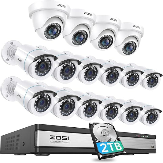 ZOSI H.265+ 1080p 16 Channel Security Camera System with AI Human Vehicle Detect, 16 x 2MP Weatherproof Surveillance CCTV Bullet Dome Camera Outdoor Indoor, 80ft Night Vision, Remote Access, 2TB HDD
