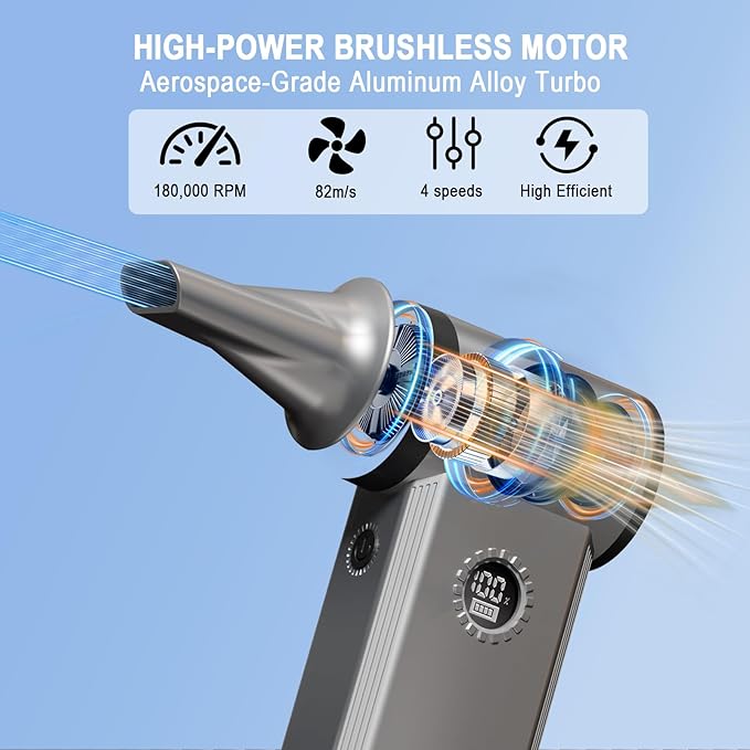Cordless Electric Air Duster - 180K RPM Brushless Motor, 45W SuperFast Charge, 29.6Wh Rechargeable Battery, 4-Speed Adjustable Dust Blower for PC Cleaning, Electronics, Car & Woodworking, Silvergray