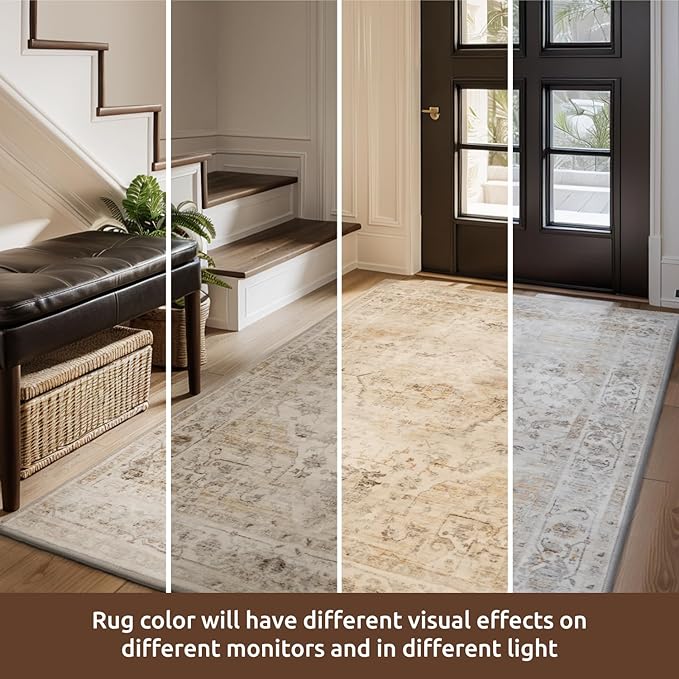 AMOAMI-Area Rug 8FT X 10FT Rugs for Living Room-Vintage Soft Beige Rugs for Bedroom-Non Slip Carpet-Washable Rug for Dining Room Living Room Bedroom Office Under Table
