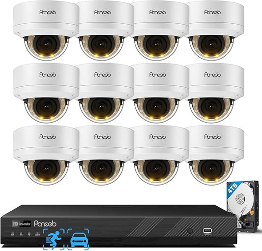 16 Channel Security Camera System, 12x 5MP Wired IK-10 Vandal Dome PoE Camera Outdoor, Human Vehicle Detection, Smart Color Night Vision, 2 Way Audio, NVR 4TB HDD, 24-7 Recording, PD54Y1216-5M