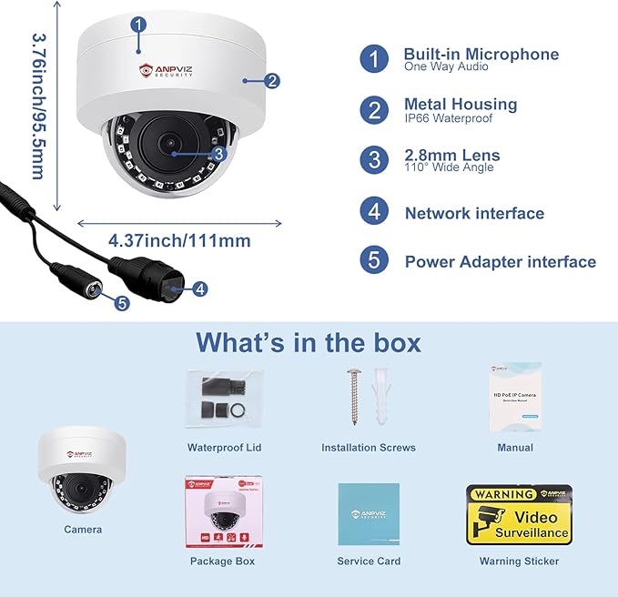 Anpviz 4MP PoE IP Dome Camera with Microphone/Audio, IP Security Camera Outdoor Indoor, 98ft Night Vision, IP66 Waterproof, 2.8mm Wide Angle Lens, 24/7 Recording, Not PTZ, NDAA Complaint (U Series)