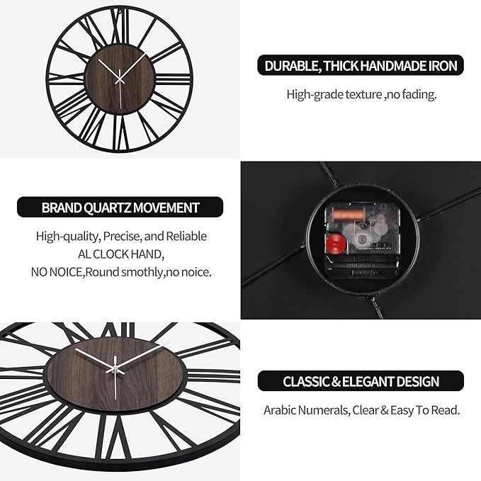 Large Wall Clock for Living Room Decor, 14 Inch Non Ticking Silent, Battery Operated Modern Vintage Oversized Wall Clock for Bedroom Kitchen