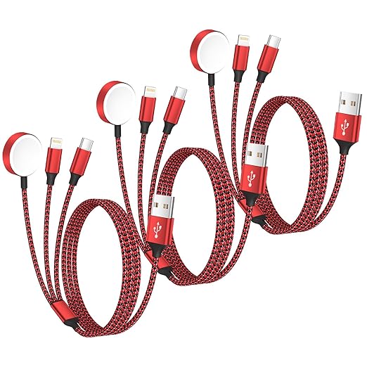 Multi Charging Cable for Apple iWatch Charger, 3 in 1 Charging Cable USB Multiple Charger Cord for iWatch Ultra/SE/10-1, iPhone17-8, iPad, Android, Car, Cruise Essentials - 3Pcs 5FT